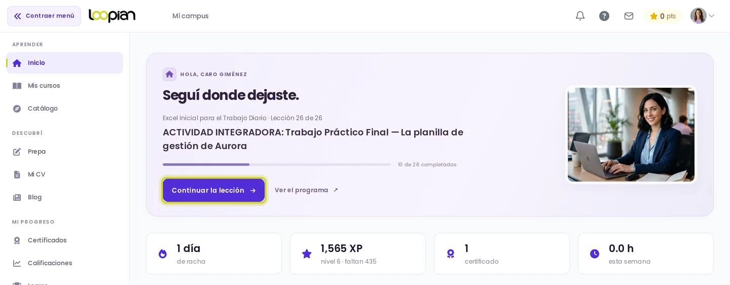 Inicio del aula: «Seguí donde dejaste», con el botón Continuar la lección, el avance y la racha
